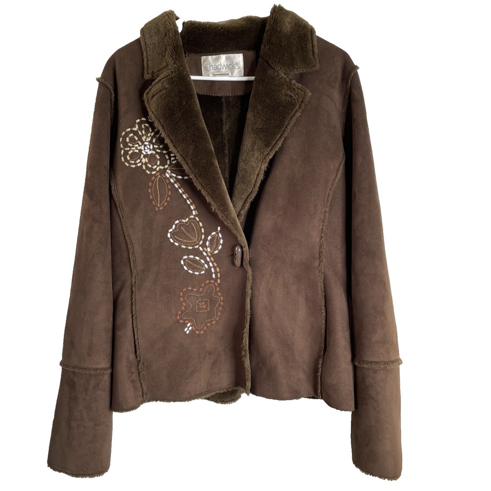 Chadwicks Faux Suede Brown Jacket Size Medium Embroidered Flower Plush Lined